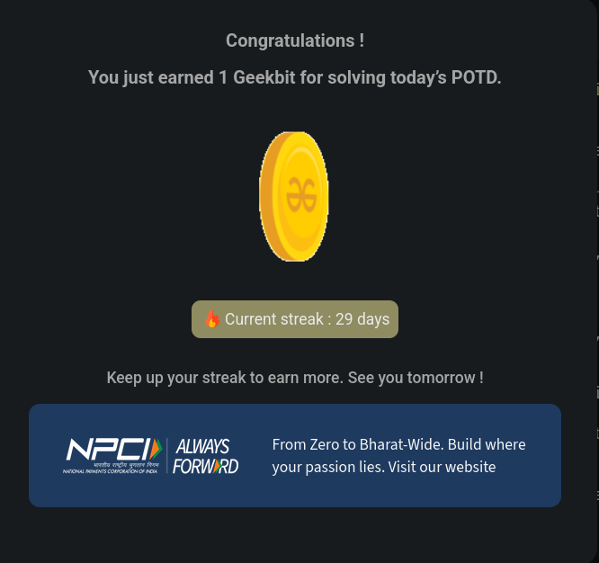 Harshit42077's tweet photo. 🚀 Consistency is the key to growth !
Day 29 of my #60DaysOfcodeChallenge.
Today I solved the POTD "Burning Tree". It was very difficult problem . It took only some time to solve it out for this all thank you very @geeksforgeeks and @NPCI_NPCI 
#npci 
#geekstreak60 
#POTD
#Coding https://t.co/Dl8TjcpEfH