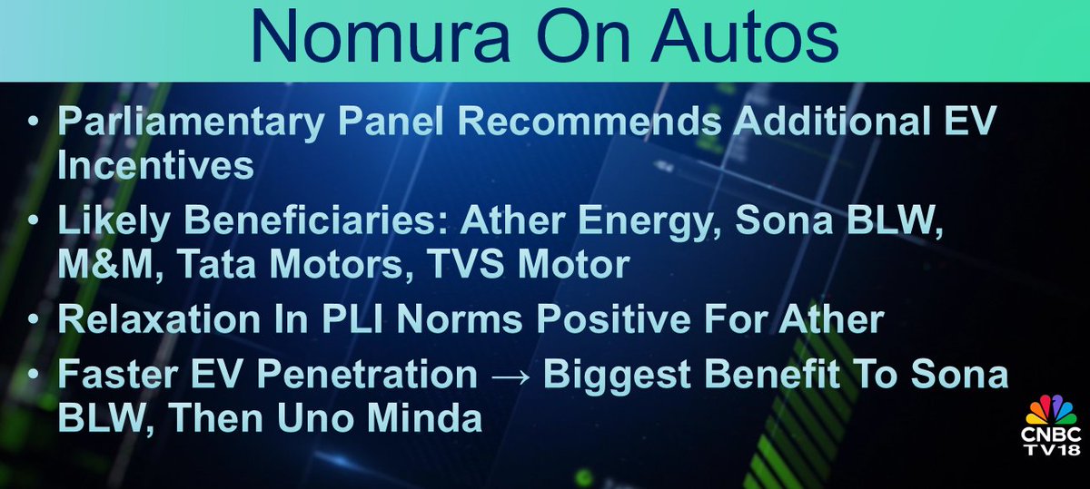 CNBCTV18Live's tweet image. #CNBCTV18Market | #Nomura on #Autos: Parliamentary panel recommends additional EV incentives. Likely beneficiaries: Ather Energy, Sona BLW, M&amp;amp;M, Tata Motors, TVS Motor. Faster EV penetration, biggest benefit to #SonaBLW, then #UnoMinda
