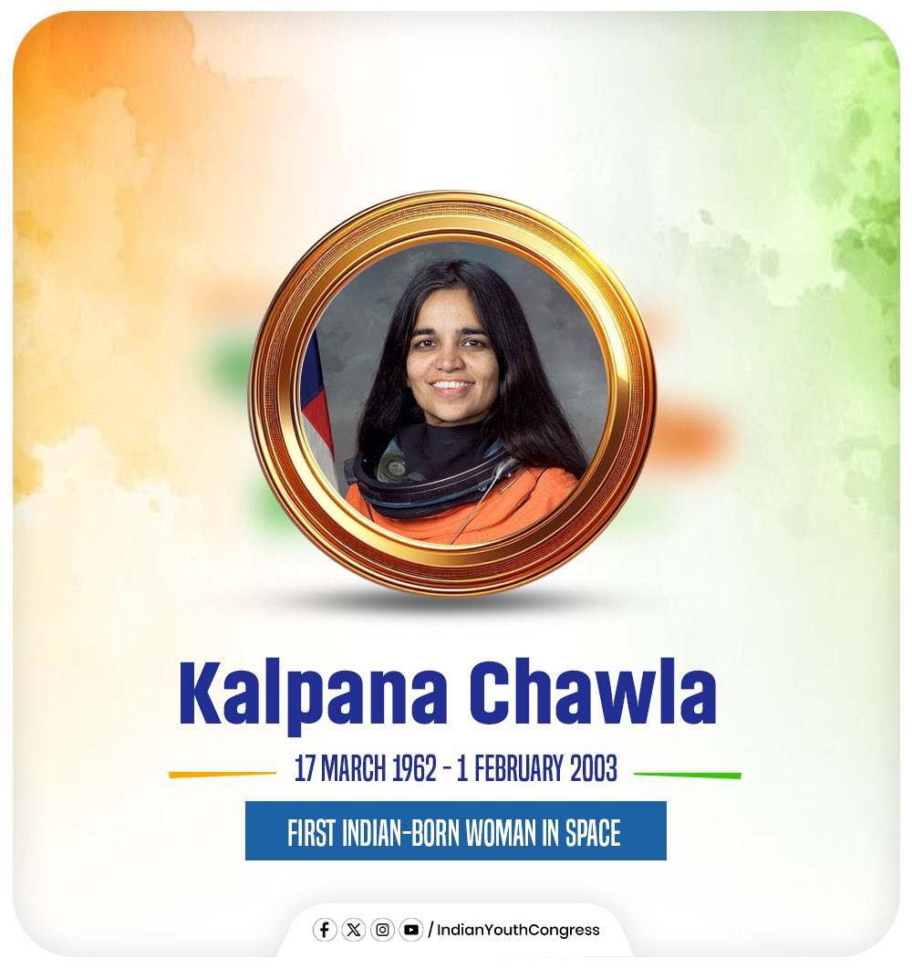 IYC's tweet photo. On the birth anniversary of Kalpana Chawla, we remember a pioneering astronaut whose passion for science and exploration inspired millions. 

Her legacy continues to motivate India’s youth to dream bigger. https://t.co/FPsxnX1Nn9