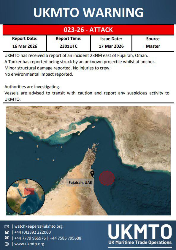 Worldsource24's tweet image. BREAKING: UKMTO reported that a tanker was impacted by an unidentified projectile while anchored 23 nautical miles east of Fujairah, UAE, resulting in minor structural damage and no injuries.