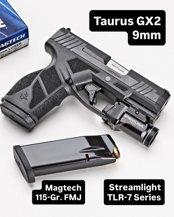 GunsAndAmmoMag's tweet image. #BudgetFriendly @TaurusUSA GX2 9mm carries 13+1 rounds and comfortably conceals. @gunsandammomag editors evaluated it with a @Streamlight TLR-7 series light to ensure that the rail would accept this popular accessory. Affordable practice with @magtechammo 9mm 115-gr. FMJ. We put