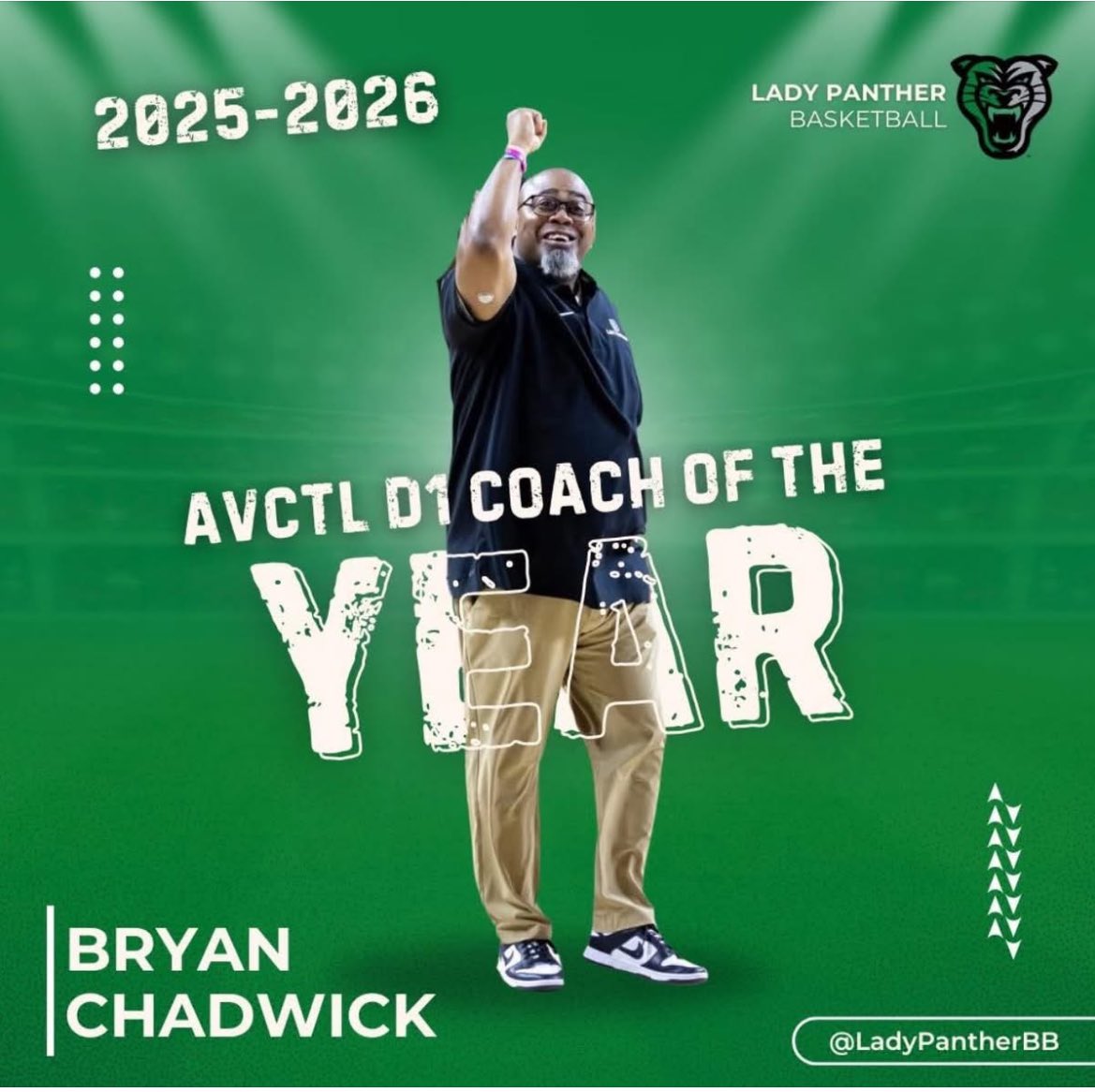LadyPantherBB's tweet image. Our leader! Our Coach! 

Coach Chadwick is the 2025-2026 AVCTL D1 Coach of the Year! Congratulations, Coach! 

#GreenIsMagic #BuiltTOUGH