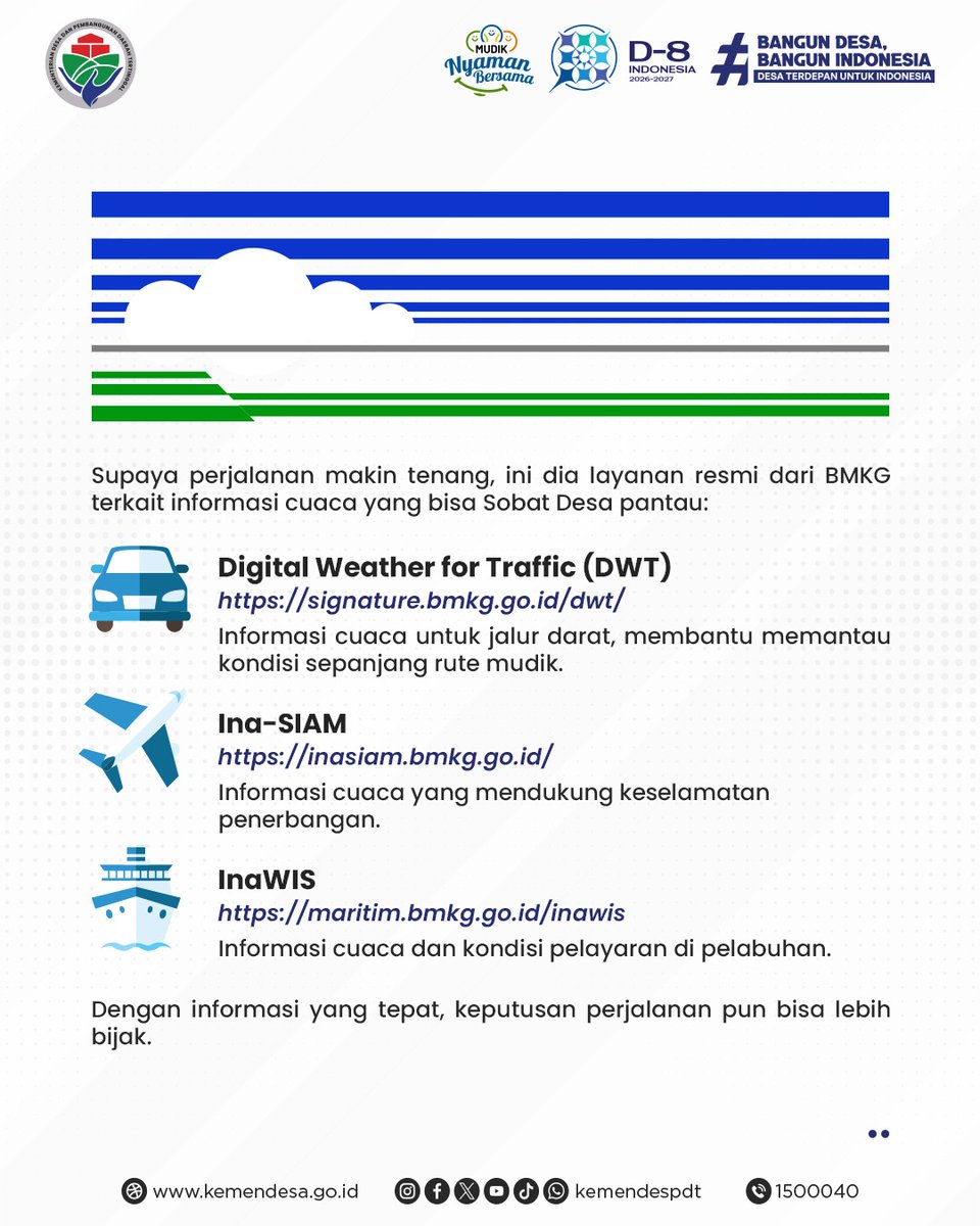 kemendespdt's tweet photo. Mudik Tenang Dimulai dari Persiapan 🌤️

#SobatDesa, menjelang libur panjang, pastikan perjalanan pulang kampung lebih aman dengan memantau informasi cuaca dari Badan Meteorologi, Klimatologi, dan Geofisika (BMKG). https://t.co/Oah4oMRPEz