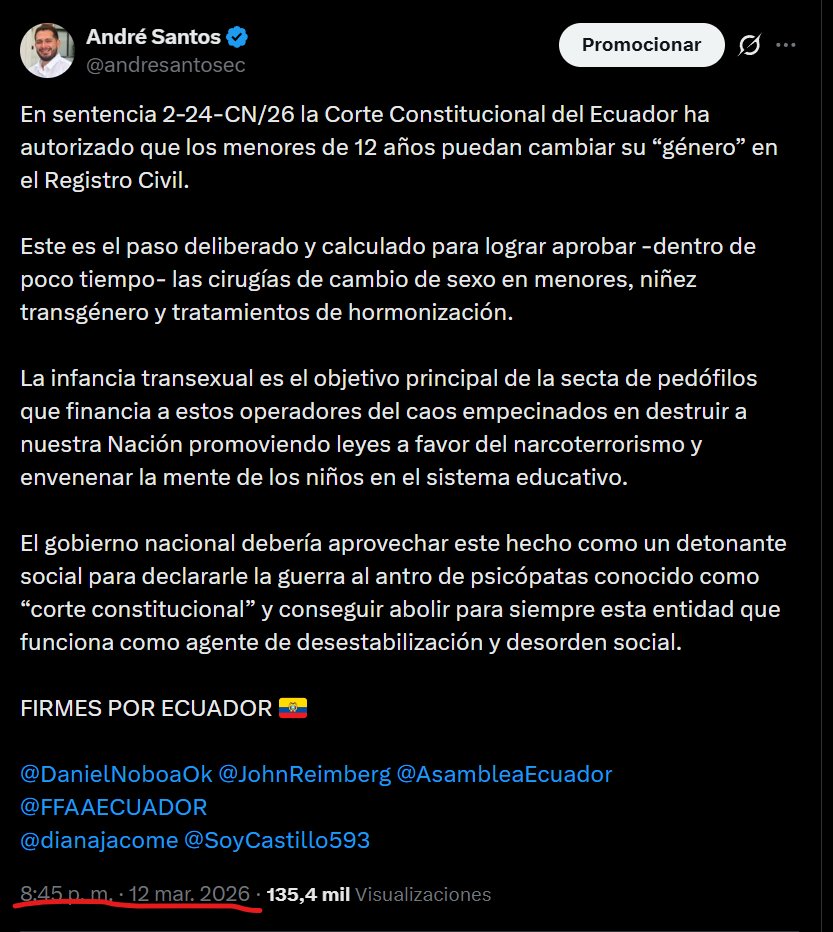 Señores de Ecuador "Chequea": 
<a href="/ECUADORCHEQUEA/">Ecuador Chequea</a>  

Me he entretenido leyendo su "teoría de la conspiración" en donde dicen que la conmoción social generada por la sentencia 4-24-CN/26 (CAMBIO DE GÉNERO EN MENORES) es una forma "estrategia" para desviar la atención del caso
