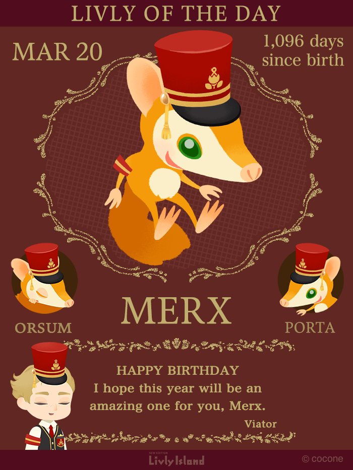 livlyisland_en's tweet photo. ꕀꕀꕀꕀꕀꕀꕀꕀꕀꕀꕀ
MERX
HAPPY BIRTHDAY
ꕀꕀꕀꕀꕀꕀꕀꕀꕀꕀꕀ
Today's the birthday of #Livly Manager #Merx!🎉
Come celebrate their birthday with us!
Use the hashtag #HappyBirthdayMERX to share your excitement for this special day🎂
What sort of #Livly is #Merx?🤔
Merx is the livly manager in G.L.L. Shop🏬
You can also meet them on Viator's Island via /move➡Lab➡Viator🌷😊
👇Learn More About Merx Here (Japanese only)👇
https://t.co/paaFSf3oyU
#LivlyIsland