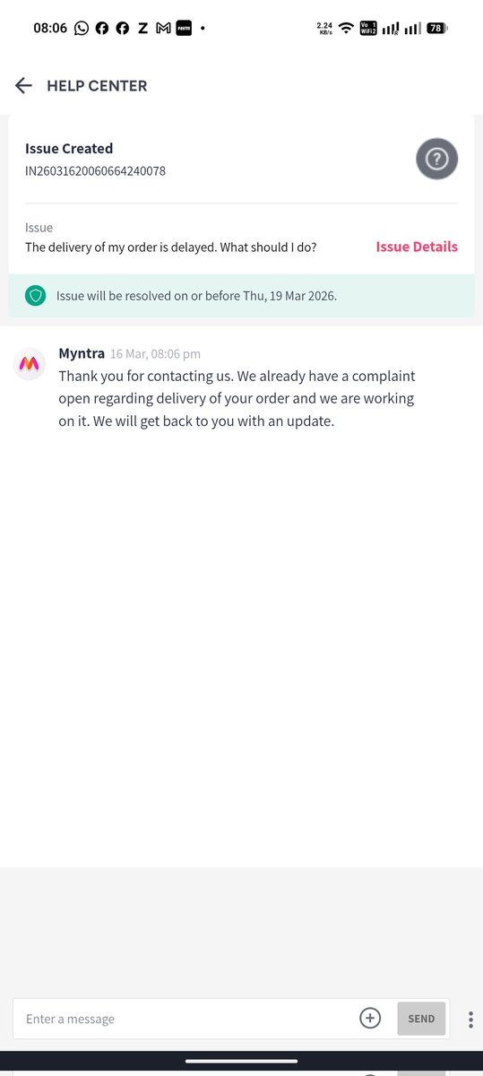 arpeaks's tweet photo. Hey @myntra @MyntraSupport, being a Myntra Insider shouldn't mean getting ignored. My order (Tracking: SF1941906406V) is a week late, and you keep closing my support tickets without resolving them just to open new ones with later dates. I have travel coming up! Please fix this. https://t.co/5T3ZL8VSU0