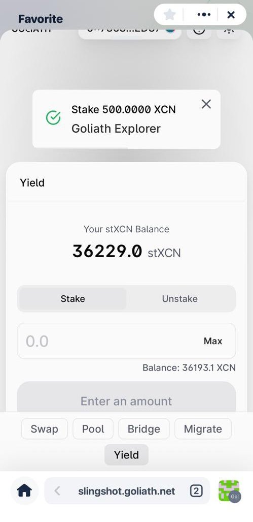 Gedet_27's tweet photo. When last did you interact with https://t.co/2RIRiRq4d0?
Today, I staked 500 $XCN and received 500 stXCN
Everything is aligning!
We are closer to mainnet
3/27 🔜
#GoliathTestnet #BuildOnGoliath #XCN https://t.co/4u3OcZ8AVC