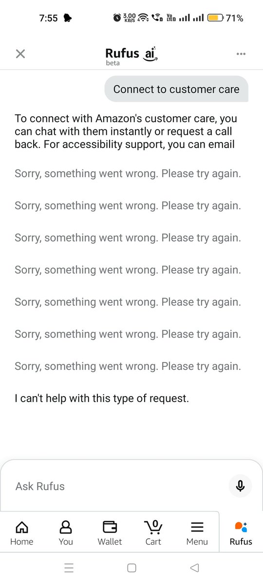 BGajapati's tweet photo. @AmazonHelp @amazonIN I am trying to reach customer care, but the AI chatbot has an issue. https://t.co/prtAxlOWye