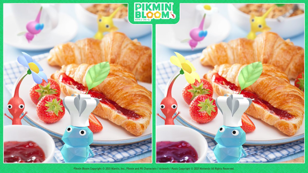 PikminBloom_jp's tweet image. #ピクミン間違い探し 

画像の1枚目と2枚目で
違うところが5つあります🔍

ぜひ挑戦してみてください🥐✨

#ピクミンブルーム