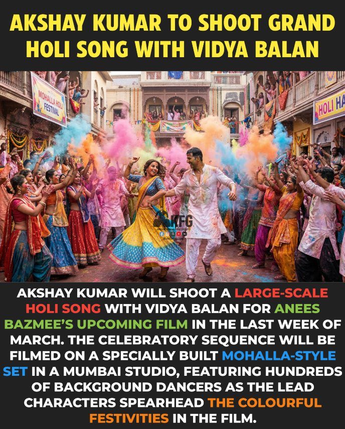 TeamKhiladi's tweet photo. Another Blockbuster song loading.
@akshaykumar and @vidya_balan shoot grand Holi song for #AneesBazmi Upcoming movie 
#AkshayKumar https://t.co/nzEcPXA0yX