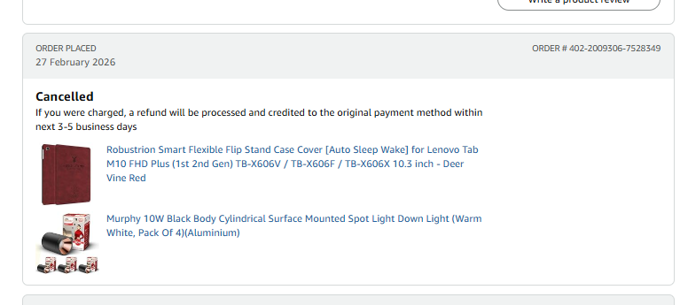 subesh06's tweet image. My 2 orders (Rs 507.63 and Rs 1580.51) have been canceled on 27th Feb 2026. I am still waiting for my REFUND amount. Please check and refund my money asap. Here the screenshots  my card last 4 digit 0123 @amazonIN  #amazonindia #amazonrefund @AmazonNews_IN  #amazonproducts