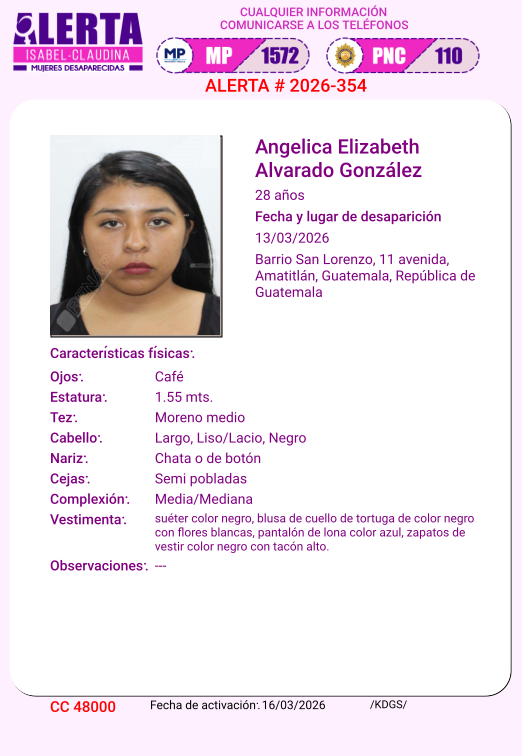 #AlertaIsabelClaudina
🚨 Ayúdenos a encontrar a
ANGELICA ELIZABETH ALVARADO GONZÁLEZ
Desapareció  el 13 de Marzo de 2026
Cualquier información comunicarse al teléfono 📞 1572
Gracias por difundir esta información❗
