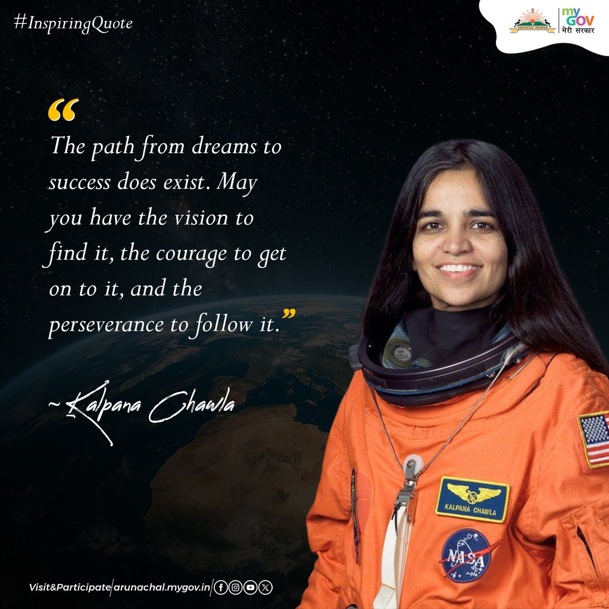MyGovArunachal's tweet image. #InspiringQuotes

Let the inspiring words of Kalpana Chawla bring a touch of positivity to your morning.