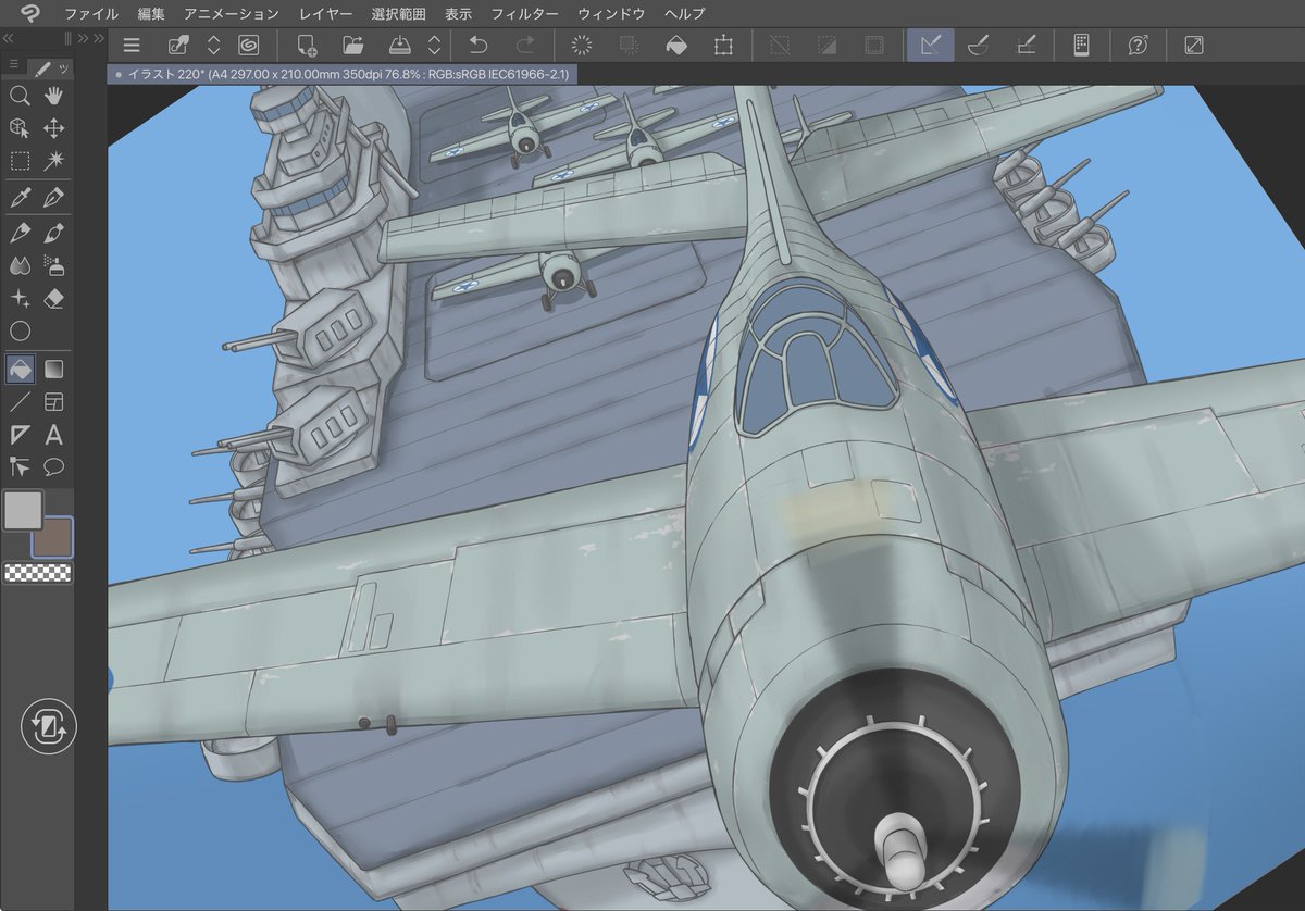 F4FワイルドキャットWIP。この機体からグラマン社のキャットシリーズはF-14まで続く。背景のレキシントン級空母を初めて描いたけど艦船描写は航空機とは桁違いに複雑だわ。