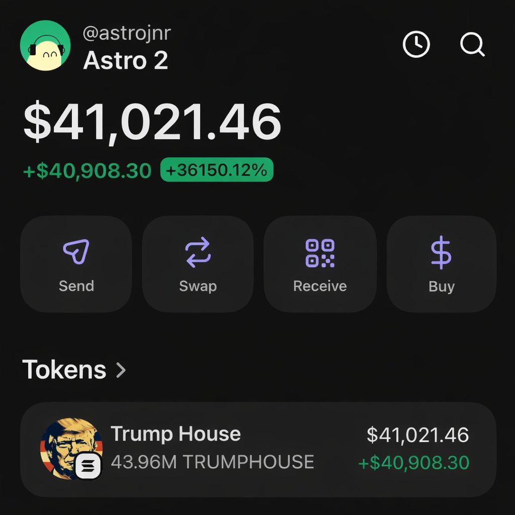 $TRUMPHOUSE ~ made me $41,000+
Spotted at ~ $42K MC → Ran to $973K MC (23×) 🚀

I bought ~ $1,780 worth of $TRUMPHOUSE. Now it’s sitting at $41,000+.

Want more moves like this? 👇
Follow + Like &amp; Retweet for the next gem 💎
Join the crew: t.me/astrodegens/900