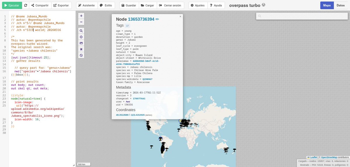 openmapchile's tweet photo. 🌴🇨🇱📌🗺️ 📢1° registro de #Jubaea chilensis en🇨🇦,  para #OpenStreetMap en la localidad de Bowen Island Municipality,  Metro Vancouver Regional District, Columbia Británica, Canadá.  A nivel  mundial es el registro n° 5319 en OSM, visor #MapComplete #AUPV https://t.co/QHa1H7a5oB https://t.co/3t4iuITe1z