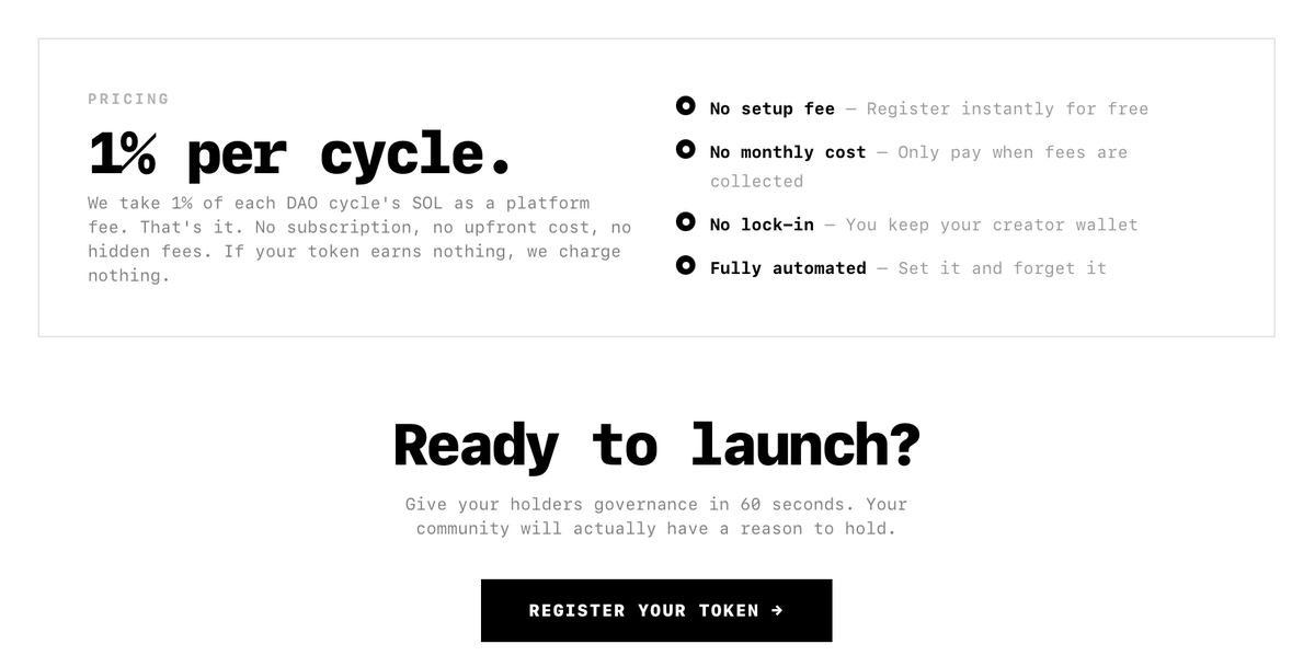 TheSolanaCorp's tweet photo. How the $CORP model works:

>>No set fee
>>No monthly cost
>>No lock-in
>>Fully automated

We simply retain a 1% protocol fee. If your treasury doesn't generate volume, the platform takes nothing. 

Most importantly, 100% of these collected fees are rotated directly back into the native $CORP treasury to reward our own shareholders and sustain the ecosystem.