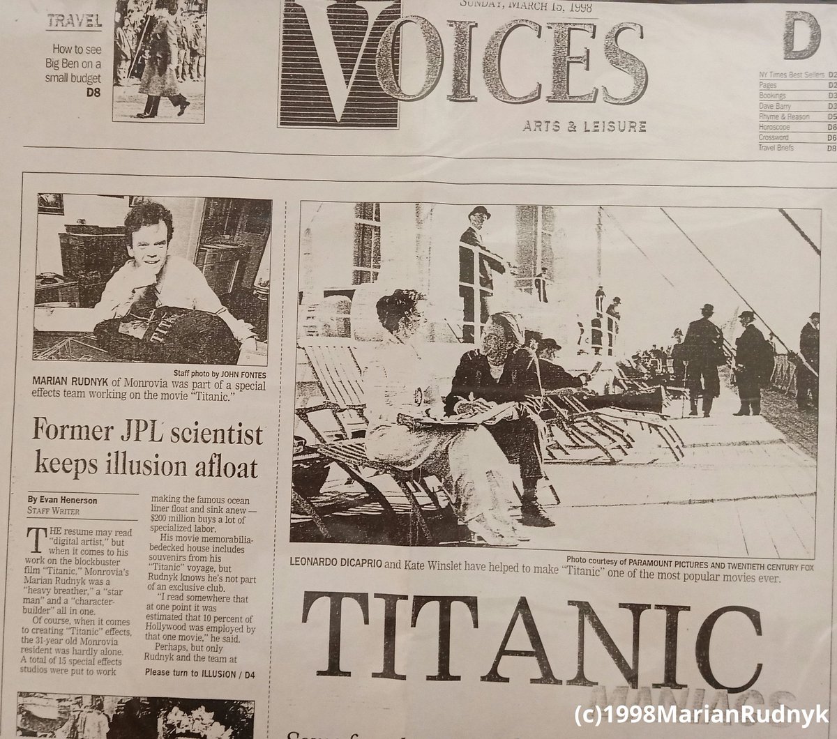 MarianRudnyk's tweet photo. My #TITANIC JOB CHANGE!
 ✨ & movie magic...

⭐ #OTD (yesterday, March 15th) in 1998 the LA Times ran the 1st of 2 huge feature articles about me, my career transition from #NASA to #Hollywood & my work on TITANIC

"Not a bad first resume credit for a former Jet Propulsion Laboratory astronomer and design engineer who decided to move into movie animation". LAT, 3-15-1998

🏆Little did I know at that time, that a week later, on March 23, 1998, I would be part of #Oscar history when TITANIC would win 11 #AcademyAwards out of a record 14 nominations at the 70th Academy Awards, tying the record for most wins (previously set by Ben-Hur in 1959). 

⭐Among those wins was the team I was on for Best Visual Effects!

@Academy @AcademyAwardHD
