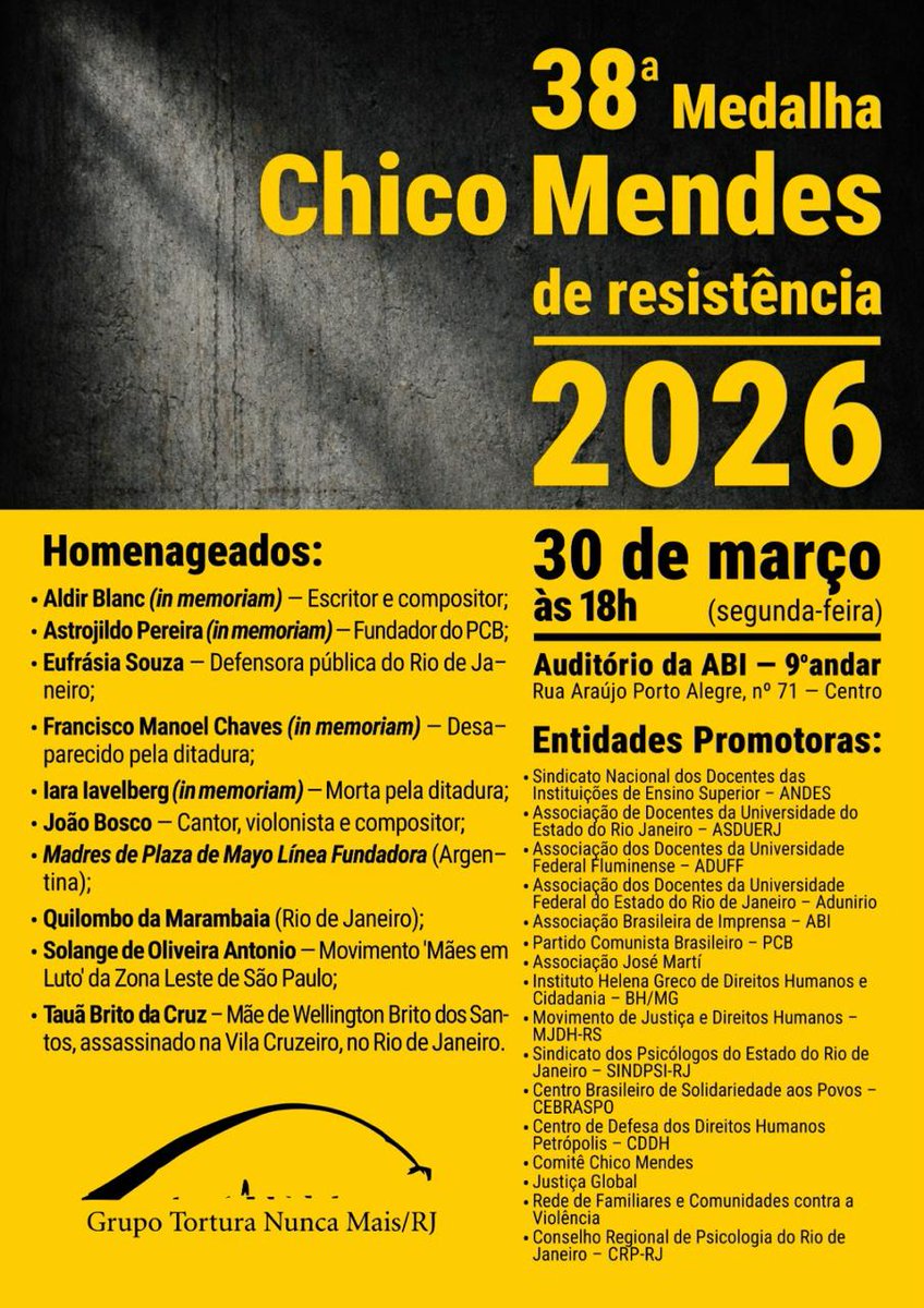 rede_maes's tweet photo. *Grupo Tortura Nunca Mais do Rio de Janeiro convida para 38ª Medalha Chico Mendes de Resistência*

*Homenagens*

*Aldir Blanc* (in memoriam)
*Astrojildo Pereira* (in memoriam);
*Eufrásia Souza*;
*Francisco Manoel Chaves* (in memoriam); 
*Iara Iavelberg* (in memoriam);
*João Bosco https://t.co/OTTYqfnC4q