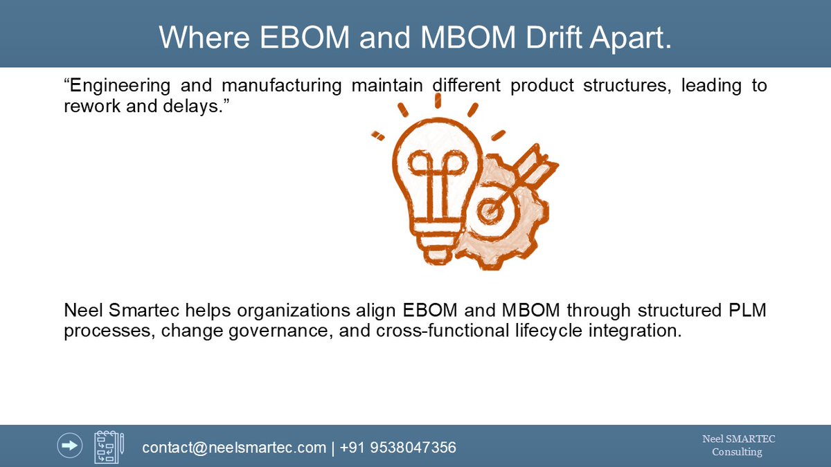 EBOM defines the product.
MBOM defines how it’s built.
When they drift apart, rework and delays follow.
Alignment is a lifecycle discipline. 
neelsmartec.com/2018/11/27/bil…
#PLM #Manufacturing #EBOM #MBOM