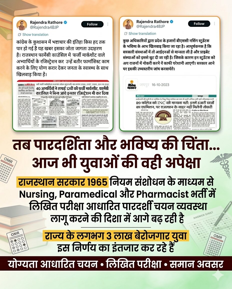 vikasj0shi's tweet photo. माननीय  @Rajendra4BJP जी,पिछली सरकार के समय आपने नर #Paramedical और #Pharmacist क्षेत्र में विद्यार्थियों के भविष्य, पारदर्शिता औरभ्रष्टाचार पर गंभीर_सवाल थे आज 1965 नियमसंशोधन के माध्यम से भर्ती प्रक्रिया को लिखितपरीक्षा आधारित पारदर्शी व्यवस्था की दिशा में  @GajendraKhimsar https://t.co/cCGPVNkQRY