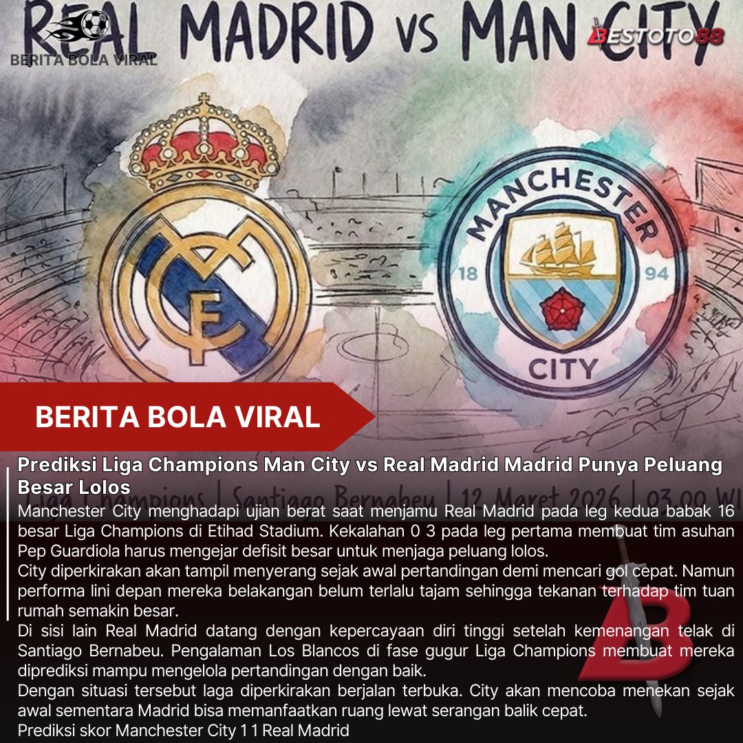 BeritaBola3656's tweet photo. Manchester City harus mengejar defisit tiga gol saat menghadapi Real Madrid di Etihad.
Prediksi skor Manchester City 1 1 Real Madrid

Daftar disini : https://t.co/1VhIrsc5s8

#KlubMalamBali #YouandAICan #GalaxyS26 siapkan cadangan bbm Prabowo Persiapkan IdulFitri war trakjil https://t.co/EhQYrrDlgj