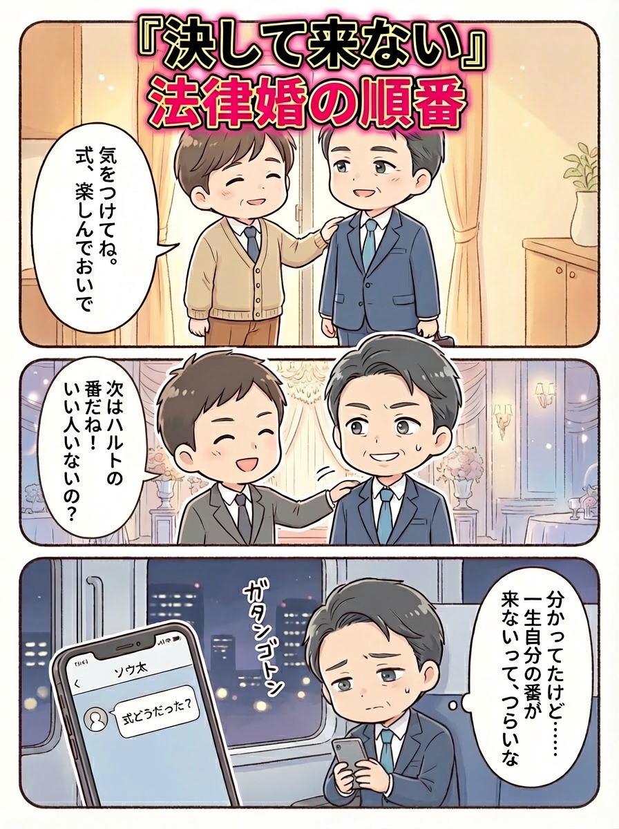 同性婚のない国の、友人の結婚式。

ご祝儀を包み、たくさん拍手をして、
「本当におめでとう」と何度も言った。

「次はきみの番だね！」と笑われた。

30年も連れ添っている彼がいることは、
ここでも誰にも言えなかった。
「まだまだっすよ」と笑って返すしかなかった。