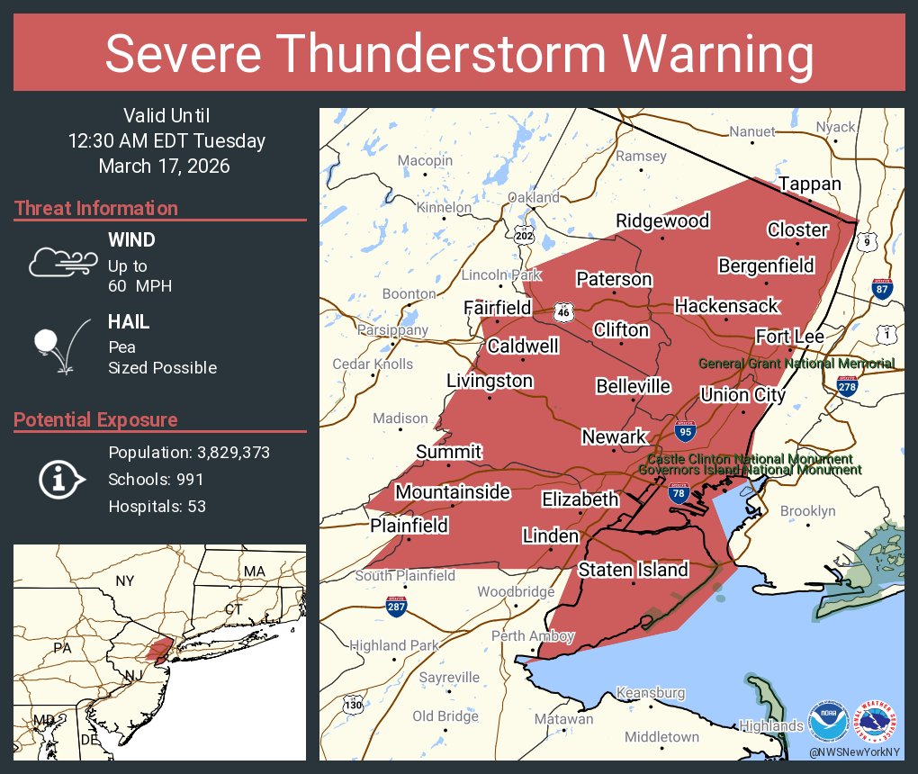 NWSNewYorkNY's tweet photo. Severe Thunderstorm Warning including Staten Island NY, Newark NJ and  Jersey City NJ until 12:30 AM EDT https://t.co/Lc8pEdqeFZ