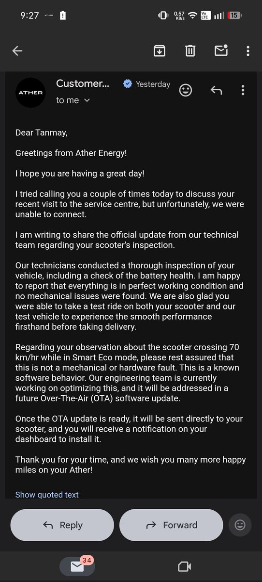Tanmay3809's tweet photo. @AtherEnergy
Your email claims inspection &amp; checks were done, but no battery health check or proper motor inspection was actually performed.
Despite this, my case is marked “resolved” in the app.
This is misleading. Please reopen and ensure proper diagnosis. https://t.co/vdithvW1nT