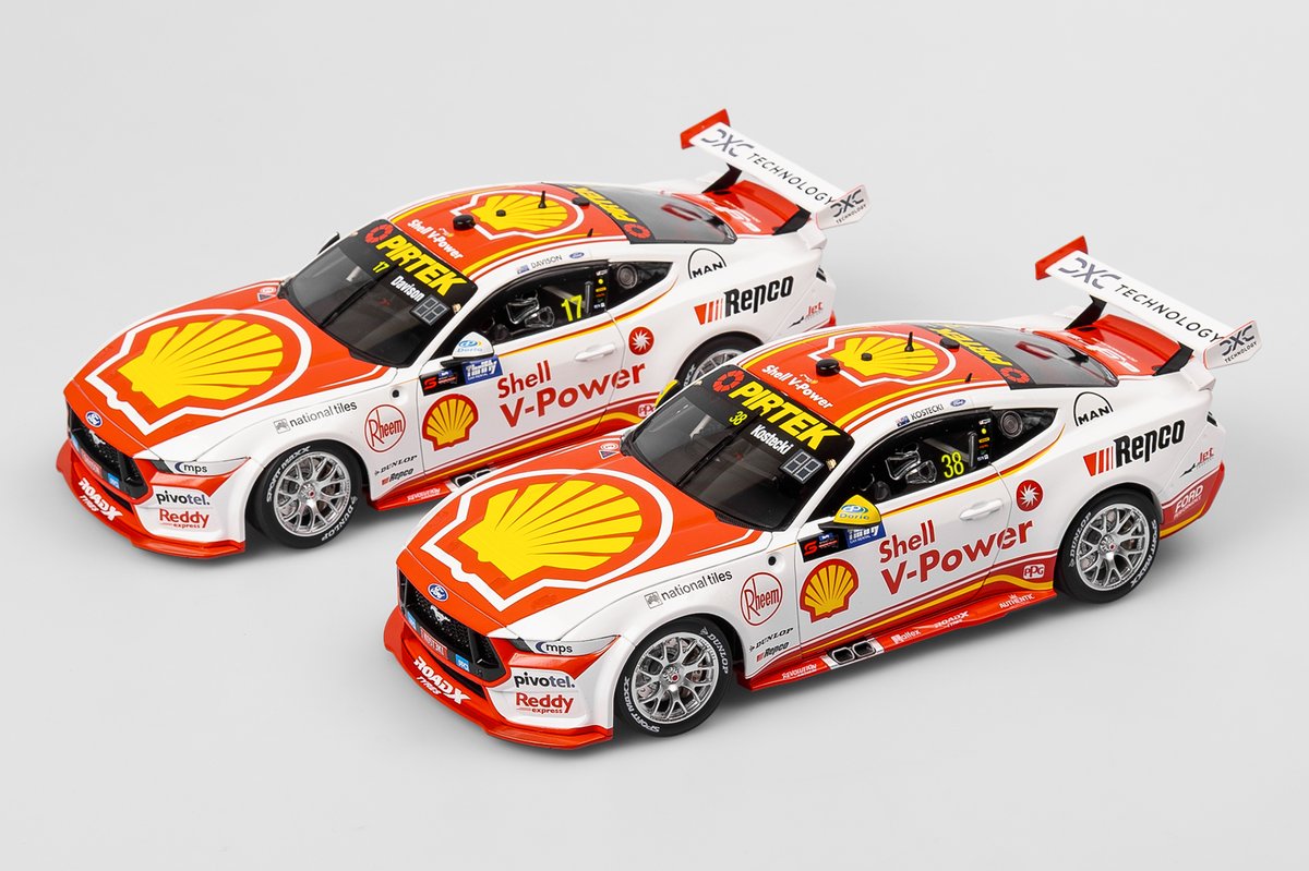 AuthenticAUS's tweet photo. The 1:18 @ShellVPowerRT 2025 Repco Supercars Championship season Ford Mustang GT Supercars driven by Will Davison and Brodie Kostecki have landed here at AC. In stock online and at stockists now, don't miss 'em. More info here >>> https://t.co/tY19ZGZwBa https://t.co/PboTaguIN1