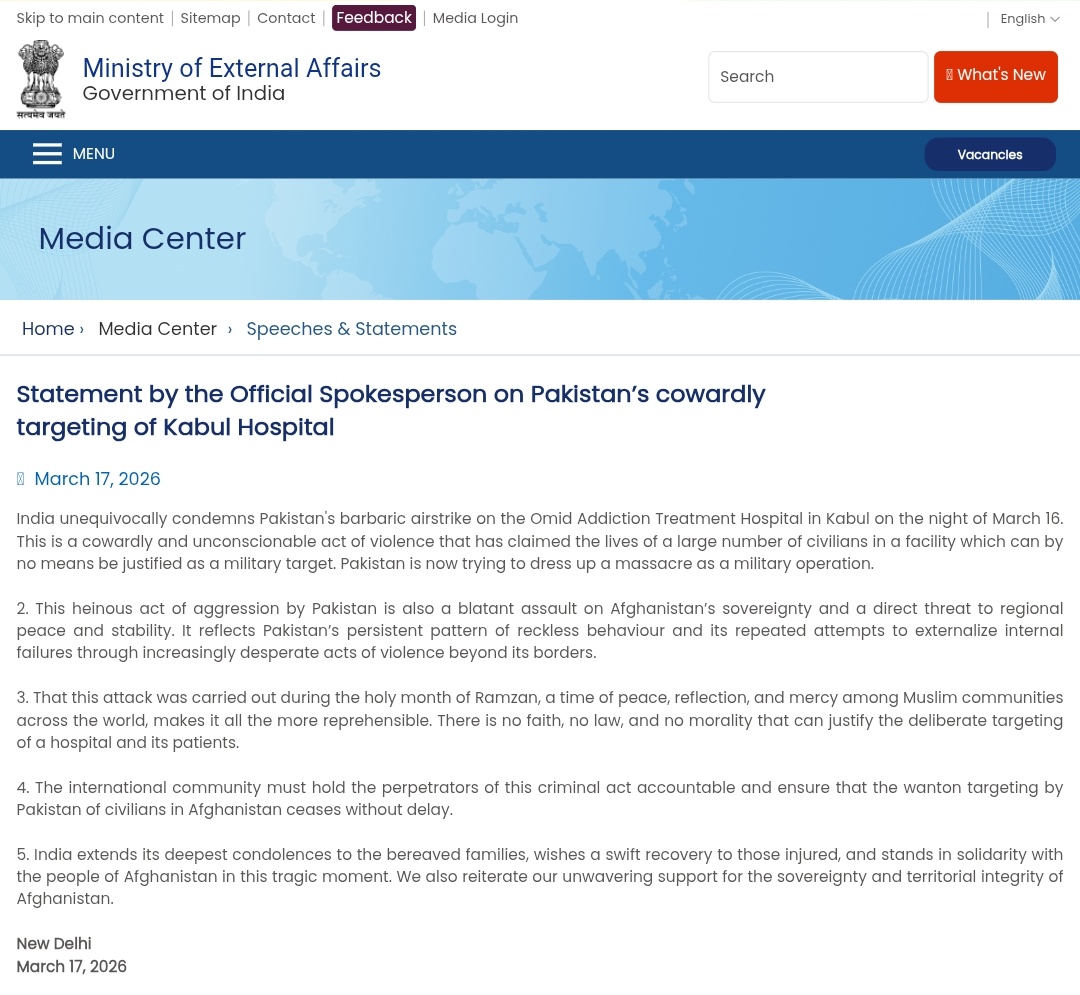 BREAKING: India condemns the Pakistani airstrikes in Kabul, terming it as a 'barbaric massacre'.
