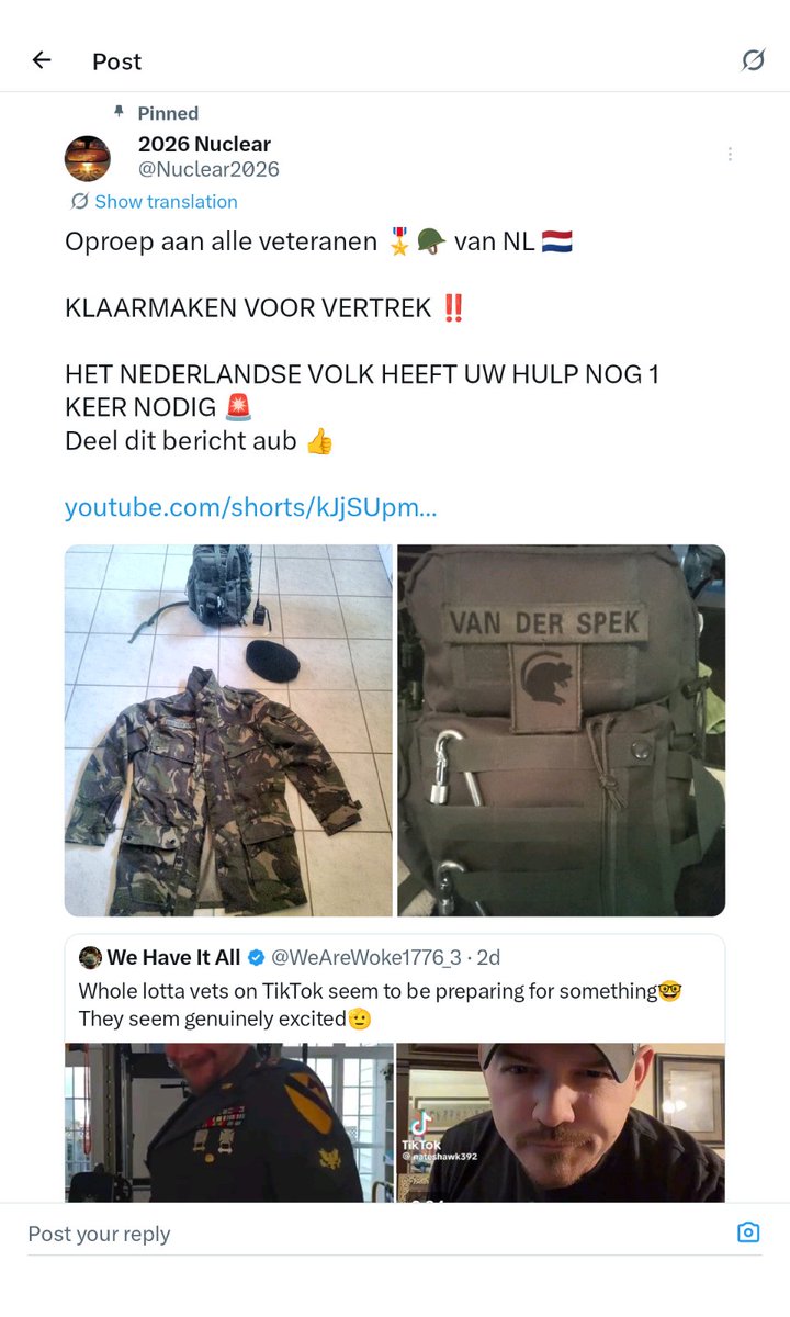 readytime342311's tweet photo. Oproep aan alle veteranen in Nederland ‼️

KLAARMAKEN VOOR VERTREK ‼️ 

Het Nederlandse volk HEEFT U nog 1 keer nodig.
Be careful 🚨 be ready 🎒💦🔦🥫📻🔋🪓🇳🇱🪖
 Min 72 uur standby please ‼️🇳🇱🪖
Deel dit bericht aub 👍 thanks 🙏 https://t.co/JxO9lzoGTf