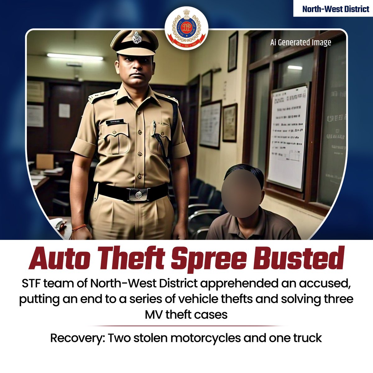 DCP_NorthWest's tweet photo. 🔸STF team of North-West District apprehended an accused involved in a series of vehicle thefts, successfully working out three MV theft cases. 

🔸Two stolen motorcycles and one truck were recovered.

🔸Swift action ensured timely recovery and crackdown on auto-lifting. 

#DPUpdates
#HelloPoliceStation
#HelloDelhiPolice

@LtGovDelhi 
@gupta_rekha 
@CMODelhi
@CPDelhi 
@CellDelhi 
@DCPSEastDelhi 
@dcp_outernorth 
@DCPDwarka 
@DCPSouthDelhi 
@DCPWestDelhi 
@DCPNewDelhi 
@DcpNorthDelhi 
@DCPEastDelhi 
@DCPCentralDelhi 
@DCP_IFSO 
@CrimeBranchDP 
@DCP_DelhiMetro 
@DcpRailway 
@dtptraffic 
@DCP_IGI_Delhi