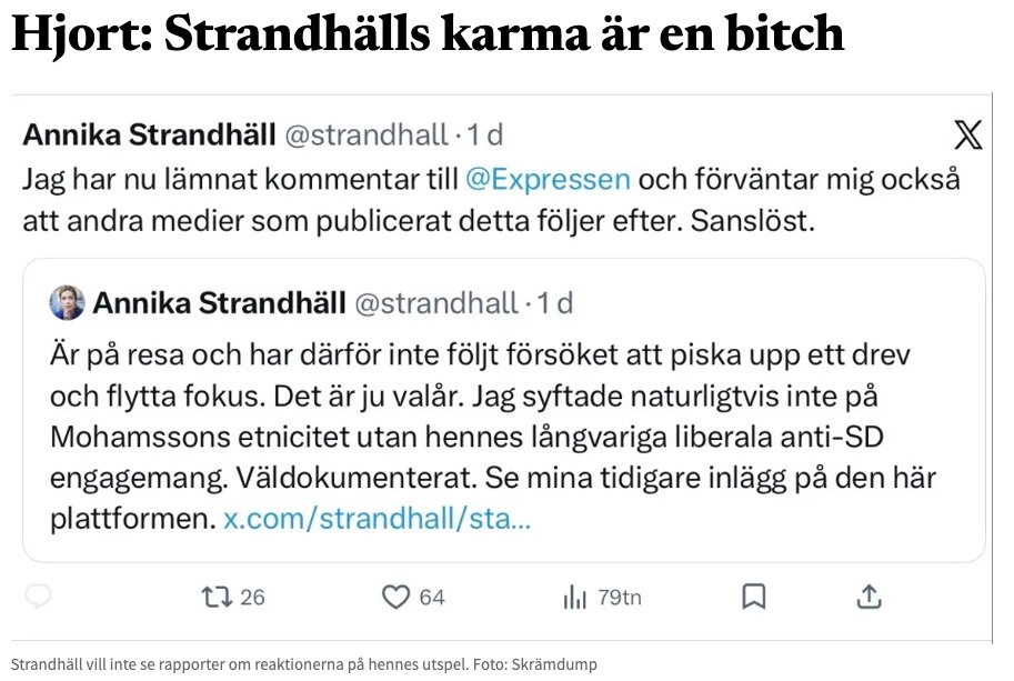BulletinLedare's tweet photo. "Annika Strandhäll har länge varit en av svensk politiks mest entusiastiska brunmålare. När hon nu själv anklagas för rasism i ett angrepp på Simona Mohamsson upptäcker hon plötsligt hur orättvisa sådana anklagelser kan kännas." https://t.co/eS1PDIceVZ https://t.co/SmsfNkW56x