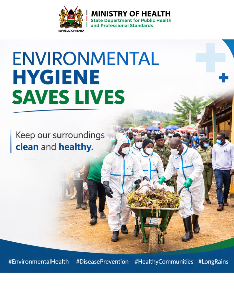 MOH_Kenya's tweet image. Clean surroundings protect our health. Proper waste disposal and environmental hygiene help prevent disease and keep communities safe, especially during the rainy season.

#EnvironmentalHealth #DiseasePrevention #HealthyCommunities #LongRains