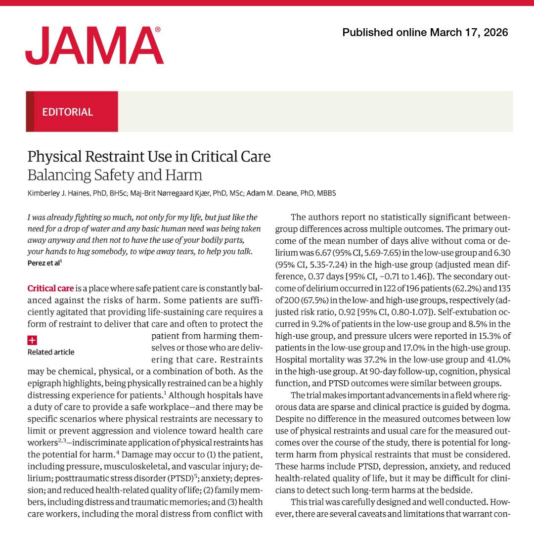 JAMA_current's tweet image. 💬 Editorial: Routine physical restraints in mechanically ventilated ICU patients did not alter delirium, self-extubation, or mortality rates; individualized assessment is imperative in #CriticalCare. 

🔗 ja.ma/4rD8Tzr

#ISICEM26 #ICUCommunity @ISICEM