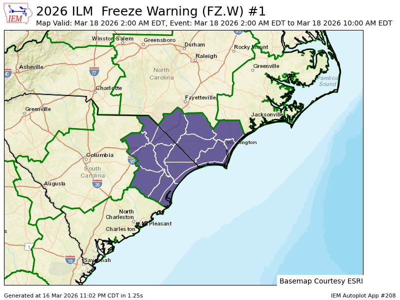 ILM upgrades Freeze Watch to Freeze Warning valid at Mar 18, 2:00 AM EDT for Coastal Georgetown [SC] till Mar 18, 10:00 AM EDT mesonet.agron.iastate.edu/vtec/f/2026-O-…