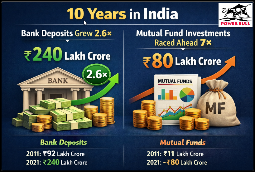 SBull64482's tweet image. In 10 years, India’s money mindset has changed. 🇮🇳

🏦 Bank deposits: 2.6× to ~₹240L cr
📈 Mutual funds: ~7× to ~₹80L cr
From parking cash to growing wealth via markets and SIPs.

#MutualFunds #BankDeposits #WealthCreation #IndiaInvests #nse #nifty