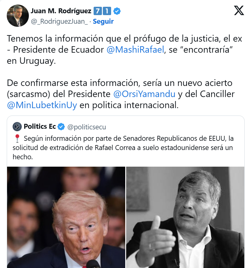No todos están felices con su visita. Rafael Correa está en Uruguay y el diputado Juan Rodríguez rechazó su presencia, por ser un prófugo de la justicia.