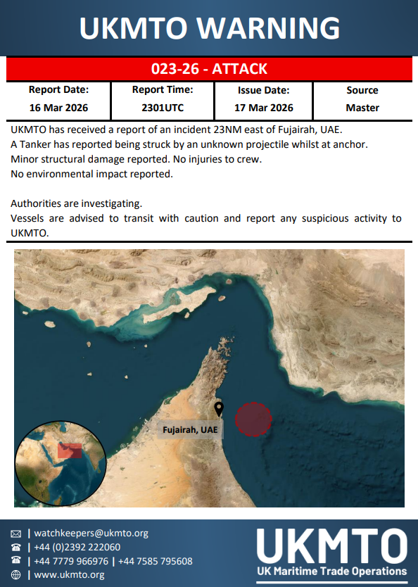 UK_MTO's tweet photo. UKMTO WARNING-ATTACK-023-26- AMENDED

Click here to read the full warning⤵️
https://t.co/zxFogTADmn

#MaritimeSecurity #MarSec https://t.co/pjoh9b93d3