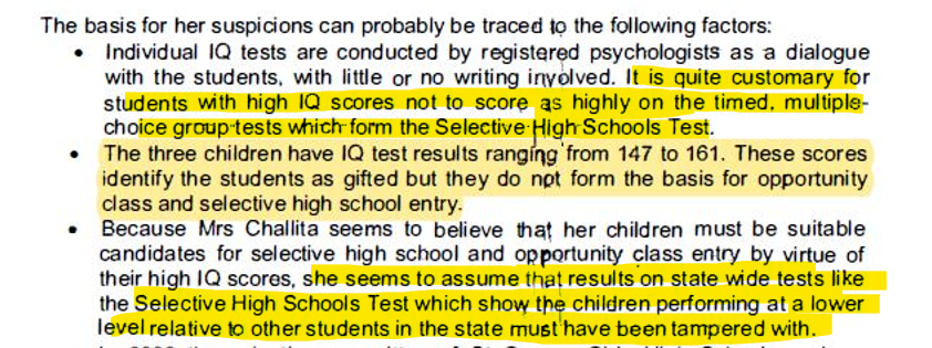 The attached paragraph from the Department’s own documents exposes a major contradiction.

🚨This document acknowledges two things:

👉High IQ scores do not count towards selective school entry.
👉It is “quite customary” for students with high IQ scores not to score as highly on