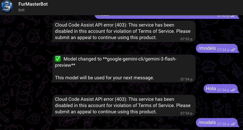 furthurr's tweet photo. A google no le gusta que utilices Gemini en software de terceros, aunque ese tercero sea yo mismo :( https://t.co/cDbU4VocYj