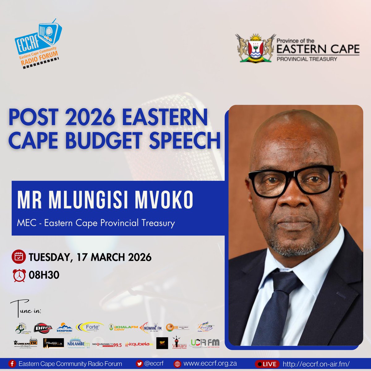 eccrf's tweet photo. This morning MEC for @ectreasury Mr Mlungisi Mvoko will be unpacking the Post 2026 Eastern Cape Budget Speech.

Make sure to stay tuned in on your community radio stations 📻

#ecbudgetspeech https://t.co/agHU9ADmZu