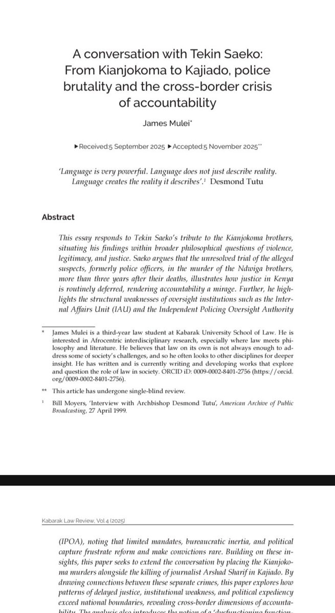 In this piece that I wrote last year - published this year, I open a philosphical continuum on police brutality. The article features in vol 4 of the KLR published by <a href="/KABUPressKE/">Kabarak University Press</a>. <a href="/tekinsaeko/">STF</a> perhaps we can continue this conversation in the future?
journals.kabarak.ac.ke/index.php/klr/…