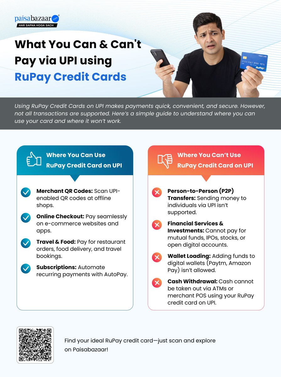 PaisaBazaar_in's tweet image. Using RuPay Credit Cards on UPI? 
Here’s what you can and can’t pay for—from merchant QR codes and online shopping to subscriptions, plus key limitations you should know. Stay informed, swipe smart. 
#RuPay #UPIPayments #CreditCards