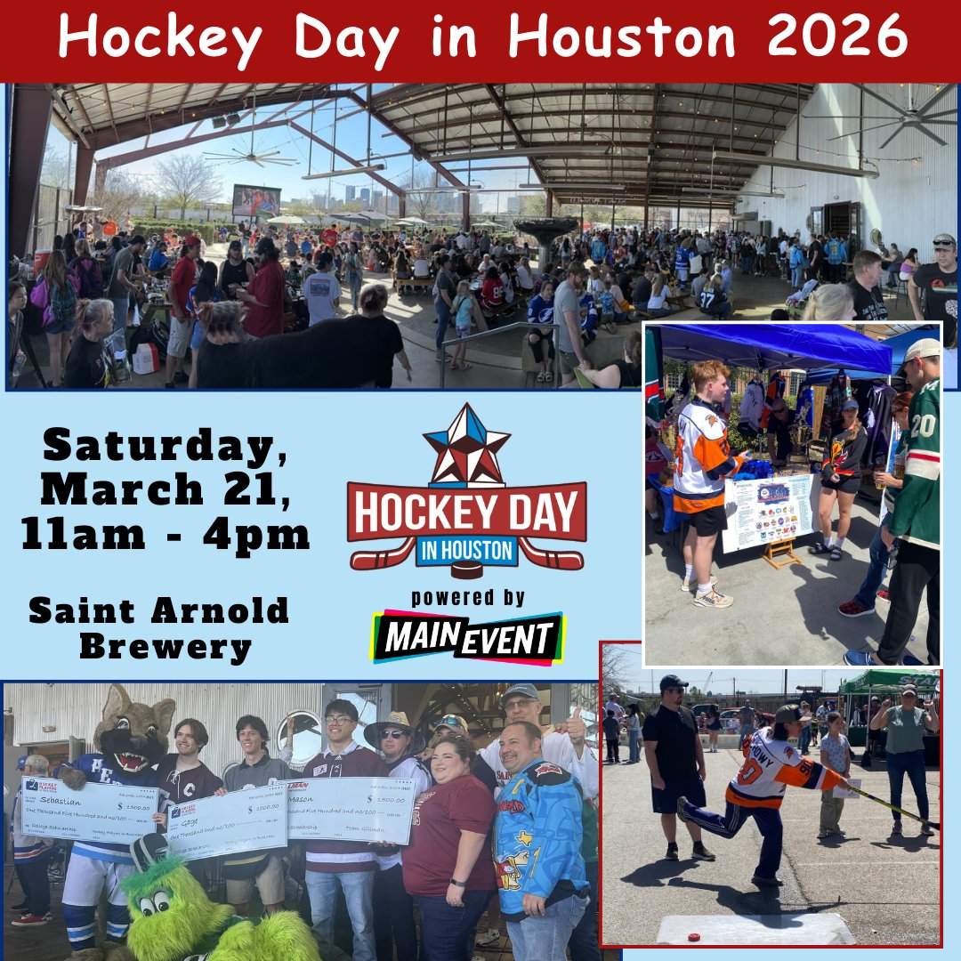 ISHLHouston's tweet photo. @HockeyDayInHTX is 4 days away!
Join Houston hockey organizations and fans this Saturday as we get together to celebrate the game we love!
Saint Arnold Brewery,
2000 Lyons Ave, Houston, TX 77020.
Event is free to attend and open to the public 11am - 4 pm.
https://t.co/UwI9pO1d17 https://t.co/sGVLozkDra
