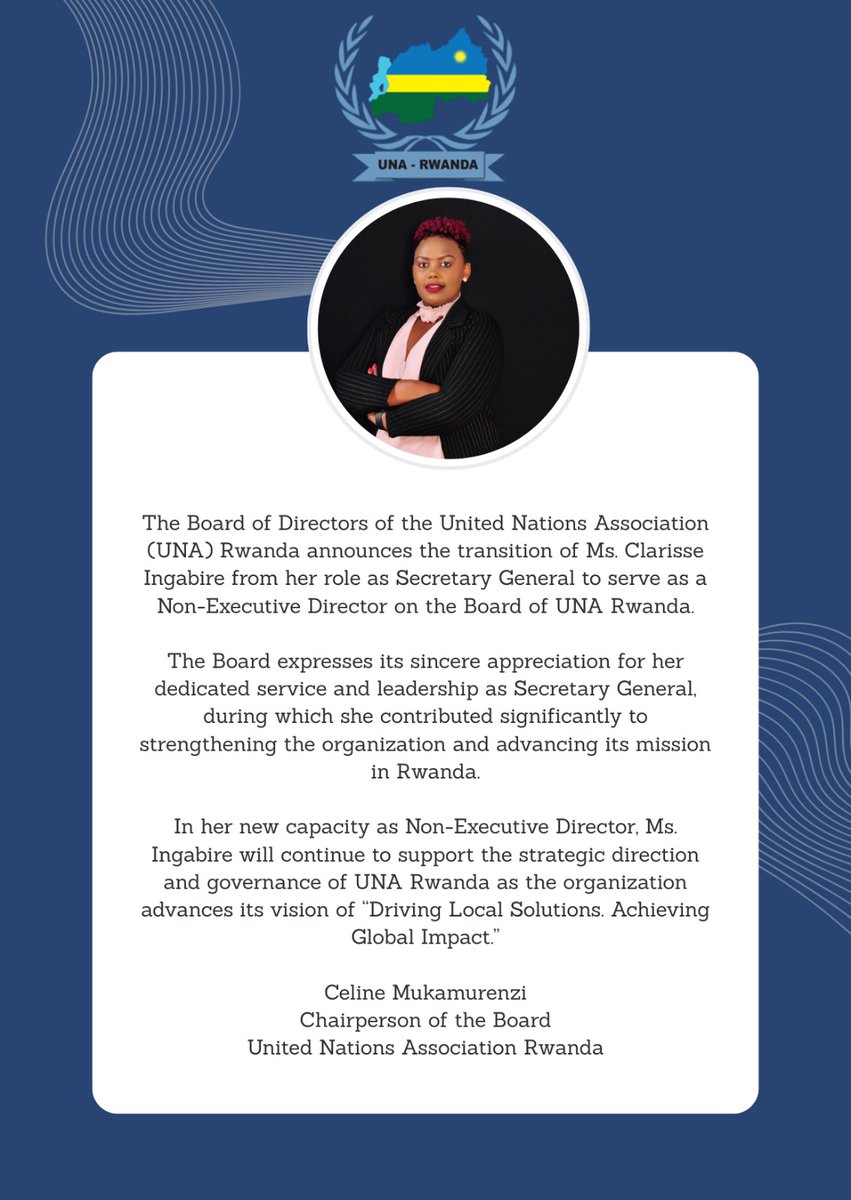 Una_Rwanda's tweet photo. #NewLeadership. #NewCommitment. #NewEnergy.
We warmly welcome Ms. Clarisse Ingabire, transitioning from Secretary General to Non-Executive Director on the UNA Board. Excited for the vision and energy she brings to drive our mission forward. Welcome aboard, Clarisse! 👏#unarwanda https://t.co/vhWWAhrt33