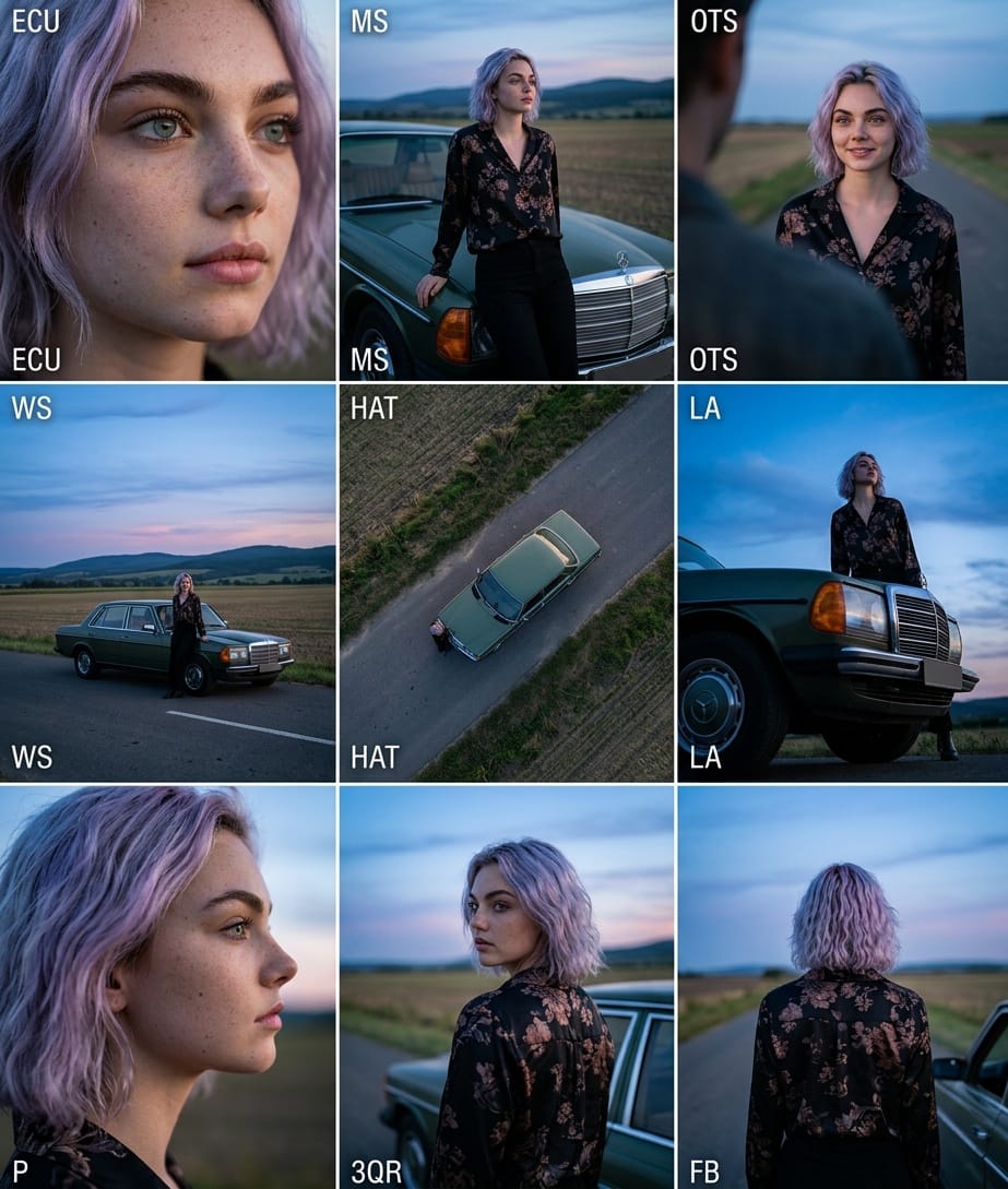 Nano Banana 2 on <a href="/Hailuo_AI/">Hailuo AI (MiniMax)</a> 

Prompt:
A cinematic 3×3 grid presenting multiple camera angles of the same female subject outdoors at dusk. A young woman wearing a patterned black shirt stands beside a car on a rural road, surrounded by open fields and distant hills. Each frame