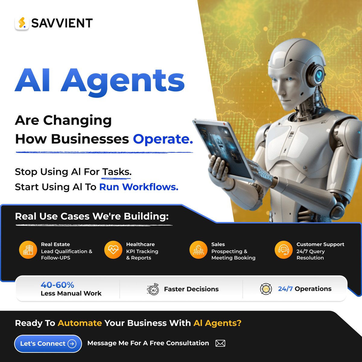 AI Agents will replace more workflows than most companies expect.
Not people.
Workflows.

Most businesses still use AI for:
• Content
• Chatbots
• Basic automation

That’s not where the real value is.
The real shift is AI Agents running business operations.
Think:
🏡 AI