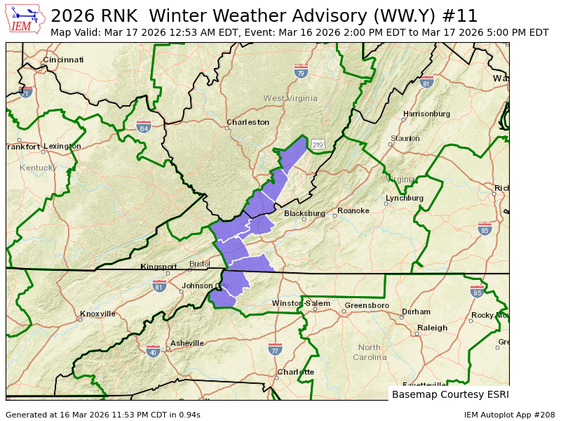 RNK updates Winter Weather Advisory (extends time of Ashe, Watauga [NC] and Bland, Grayson, Smyth, Tazewell [VA] and Mercer, Summers [WV], continues Western Greenbrier [WV]) mesonet.agron.iastate.edu/vtec/f/2026-O-…